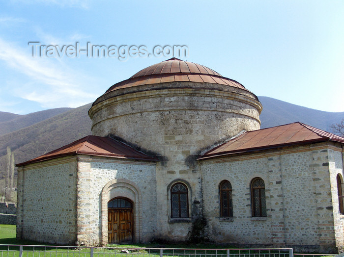 azer447: Sheki / Shaki - Azerbaijan: Albanian church - Museum of applied art - mountains in the background - inside Sheki Khans' Fortress - photo by N.Mahmudova - (c) Travel-Images.com - Stock Photography agency - Image Bank