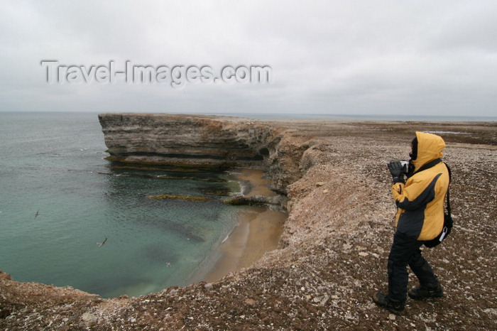 bear-island3: Bear Island / Bjørnøya, Svalbard: visitor on the bird cliffs, above a beach - photo by R.Behlke - (c) Travel-Images.com - Stock Photography agency - Image Bank