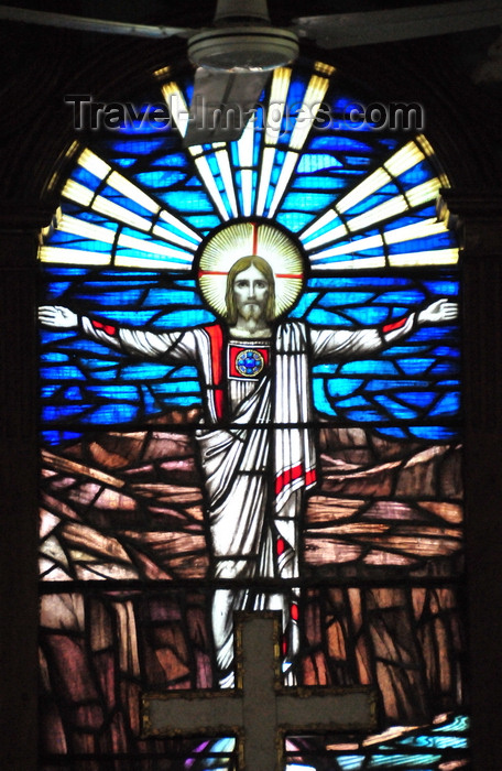 belize100: Belize City, Belize: St. John's Anglican cathedral - Christ - stained glass window and fan - photo by M.Torres - (c) Travel-Images.com - Stock Photography agency - Image Bank