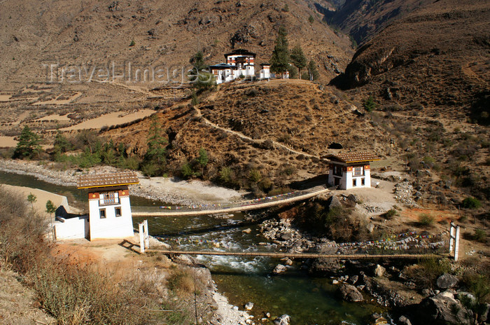 bhutan143: Bhutan - Tamchhog Lhakhang, on the bank of the Paro Chhu - two bridges - photo by A.Ferrari - (c) Travel-Images.com - Stock Photography agency - Image Bank