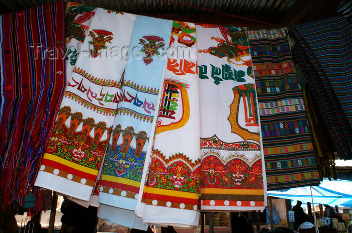 bhutan188: Bhutan - Thimphu - the market - textiles with Buddhist motives - photo by A.Ferrari - (c) Travel-Images.com - Stock Photography agency - Image Bank
