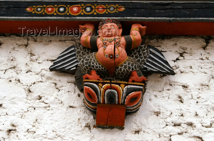 bhutan35: Bhutan - Thimphu - inside Trashi Chhoe Dzong - beautiful wood carving - winged figure - photo by A.Ferrari - (c) Travel-Images.com - Stock Photography agency - Image Bank