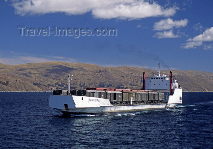 bolivia139: Lake Titicaca, Manco Kapac Province, La Paz Department, Bolivia: the Manco Capac is the largest freight liner on the lake - seen here carrying train cars - photo by C.Lovell - (c) Travel-Images.com - Stock Photography agency - Image Bank