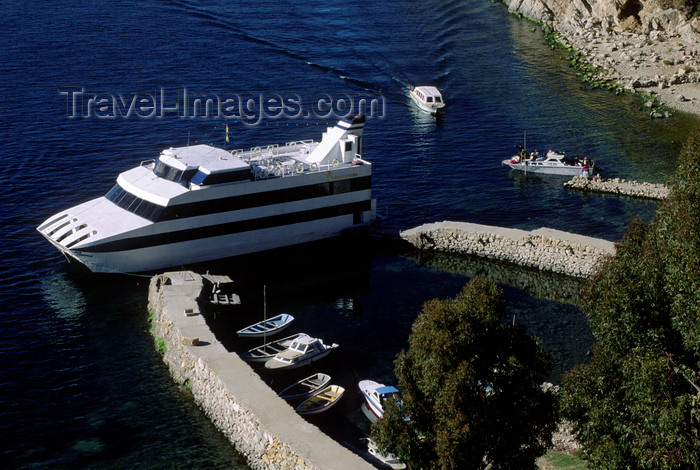 bolivia142: Isla del Sol / Island of the Sun, Lake Titicaca, Manco Kapac Province, La Paz Department, Bolivia: The M.T.S. Consuelo at anchor in the village of Yumani - small harbour - photo by C.Lovell - (c) Travel-Images.com - Stock Photography agency - Image Bank