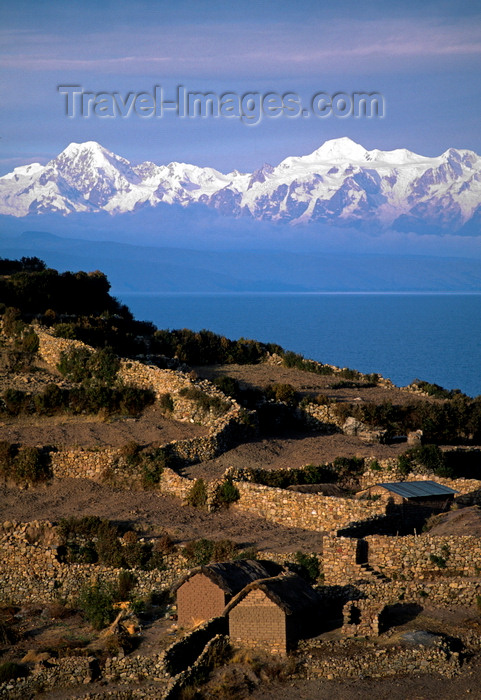 bolivia148: Isla del Sol, Lake Titicaca, Manco Kapac Province, La Paz Department, Bolivia: agricultural terraces - Nevado illampu (7010 m) is visible behind the village of Challapampa - photo by C.Lovell - (c) Travel-Images.com - Stock Photography agency - Image Bank