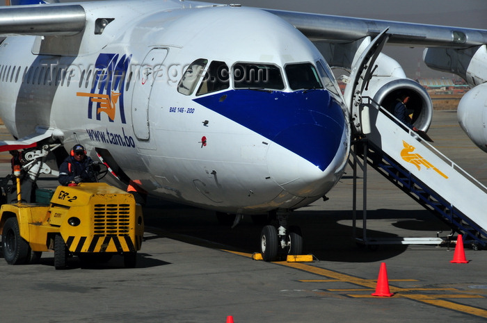 bolivia22: El Alto, La Paz department, Bolivia: La Paz El Alto International Airport - LPB - nose view of a BAE 146-200A of TAM - Transporte Aéreo Militar, the Bolivian Military Airline - FAB-103 - photo by M.Torres - (c) Travel-Images.com - Stock Photography agency - Image Bank