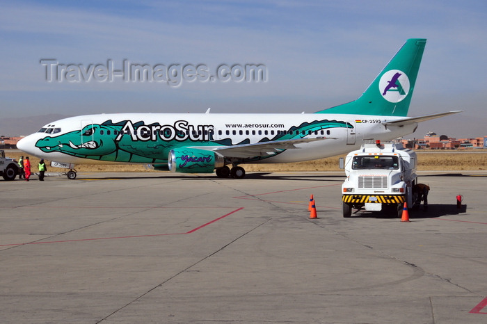 bolivia23: El Alto, La Paz department, Bolivia: La Paz El Alto International Airport - LPB - Aerosur Boeing 737-33A arriving from Santa Cruz de la Sierra - spectacular livery as a caiman, 'Yacaré' - CP-2595, cn 24790 - photo by M.Torres - (c) Travel-Images.com - Stock Photography agency - Image Bank