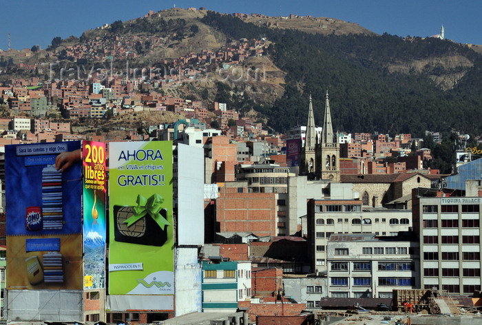 bolivia44: La Paz, Bolivia: city center, El Rosario, the northern suburbs and the woods of the Bosquecillo area - billboards and spires of La Recoleta Church - photo by M.Torres - (c) Travel-Images.com - Stock Photography agency - Image Bank