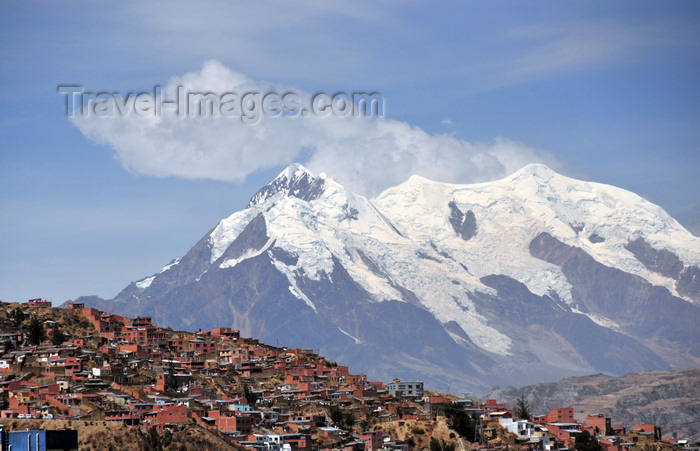 bolivia95: La Paz, Bolivia: southern suburbs and mount llimani with 4 peaks over 6000m - Cordillera Real, Eastern range of the Andes - orogenic cloud formation - photo by M.Torres - (c) Travel-Images.com - Stock Photography agency - Image Bank