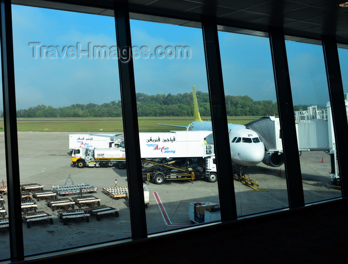 brunei153: Bandar Seri Begawan, Brunei Darussalam: Brunei International Airport - Royal Brunei Airlines Airbus A319-132 V8-RBR being serviced in the airport apron, seen from inside the terminal - photo by M.Torres - (c) Travel-Images.com - Stock Photography agency - Image Bank