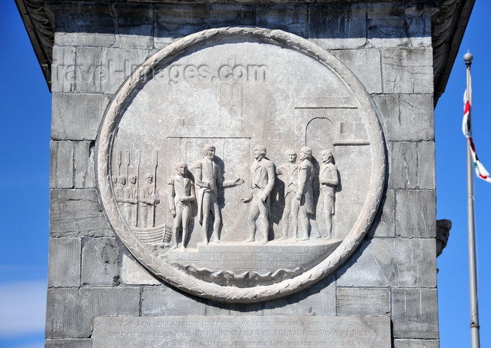 canada576: Montreal, Quebec, Canada: plinth of the Nelson column - medallion showing the Admiral after the Battle of Copenhagen - the world's first Nelson monument, 33 years older than its London twin - architect Robert Mitchell - Place Jacques-Cartier - Vieux-Montréal - photo by M.Torres - (c) Travel-Images.com - Stock Photography agency - Image Bank