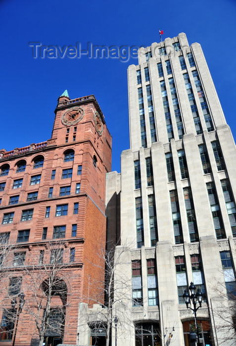 canada592: Montreal, Quebec, Canada: Aldred and New York Life buildings - façades in Indiana limestone and Scottish Old Red Sandstone respectively  - Place d'Armes - Vieux-Montréal - photo by M.Torres - (c) Travel-Images.com - Stock Photography agency - Image Bank