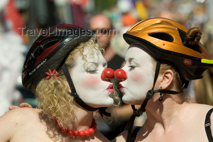 canada675: Vancouver, BC, Canada: two women with clown noses and bicycle helmets - participants in the Gay Pride Parade - photo by D.Smith - (c) Travel-Images.com - Stock Photography agency - Image Bank