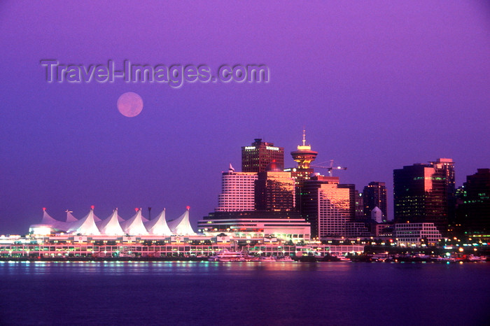 canada677: Vancouver, BC, Canada: Full moon over Vancouver - city skyline at sunset - Canada Place - photo by D.Smith - (c) Travel-Images.com - Stock Photography agency - Image Bank