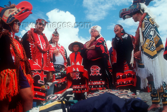 canada679: Vancouver, BC, Canada: North American Indian Chiefs in full Indian dress at multination canoe gathering of Pacific Northwest Indians at Capilano River, West vancouver - photo by D.Smith - (c) Travel-Images.com - Stock Photography agency - Image Bank