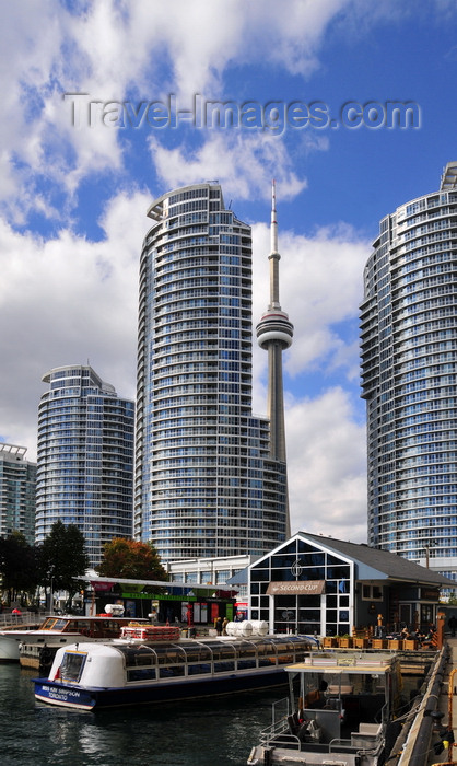 canada745: Toronto, Ontario, Canada: view from York Quay - The Waterclub condominium, CN Tower, Second Cup café and Miss Kim Simpson tour boat - photo by M.Torres - (c) Travel-Images.com - Stock Photography agency - Image Bank