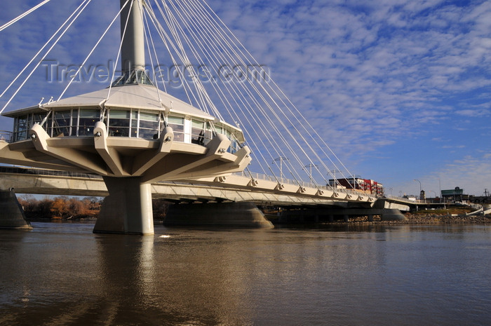 canada763: Winnipeg, Manitoba, Canada: Esplanade Riel bridge - side-spar cable-stayed bridge - Provencher Bridge in the background - the Forks - Red River, near the confluence with the Assiniboine River - photo by M.Torres - (c) Travel-Images.com - Stock Photography agency - Image Bank