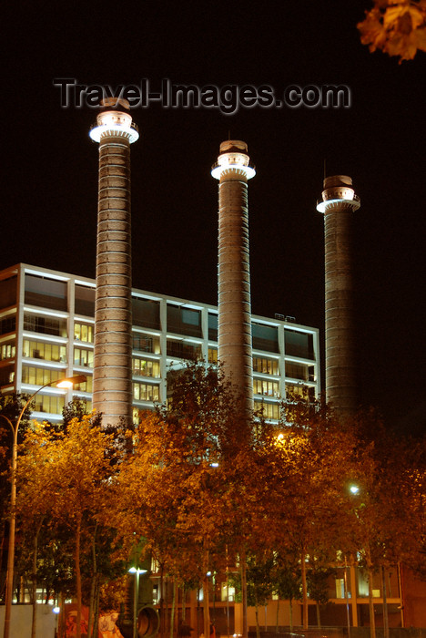 catalon155: Barcelona, Catalonia: chimneys and modern façade at night - photo by T.Marshall - (c) Travel-Images.com - Stock Photography agency - Image Bank