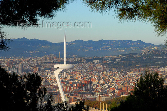 catalon160: Barcelona, Catalonia: Olympic Tower and the city - located in Montjuïc at the Olympic park, it represents an athlete holding the Olympic Flame - photo by T.Marshall - (c) Travel-Images.com - Stock Photography agency - Image Bank