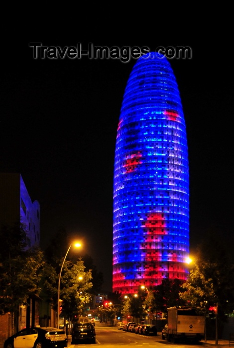 catalon168: Barcelona, Catalonia: Agbar tower at night, architect Jean Nouvel, Poblenou - high-tech architecture - photo by M.Torres - (c) Travel-Images.com - Stock Photography agency - Image Bank