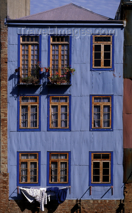 chile164: Valparaíso, Chile: colorfully painted home in historic Cerro Conception with blue metal - photo by C.Lovell - (c) Travel-Images.com - Stock Photography agency - Image Bank