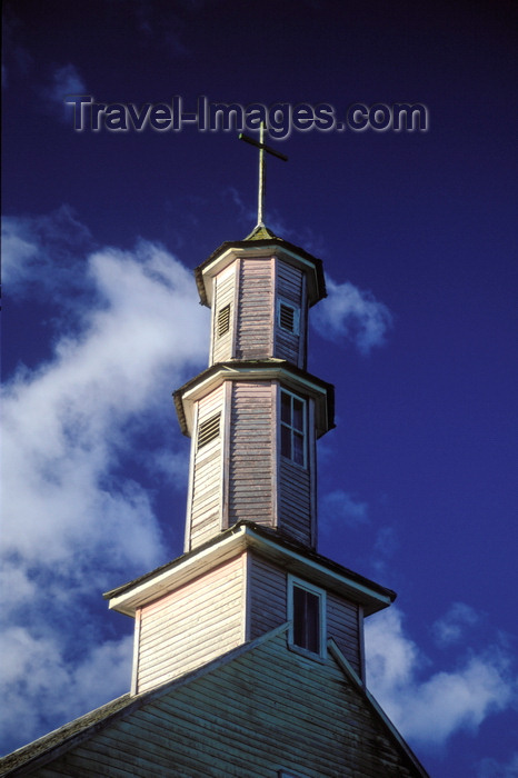 chile199: Villupulli, Chiloé island, Los Lagos Region, Chile: hexagonal wooden church steeple in dating back to the 18th century - fusion of European and indigenous cultural traditions - wooden architecture - UNESCO World Heritage Site - photo by C.Lovell - (c) Travel-Images.com - Stock Photography agency - Image Bank