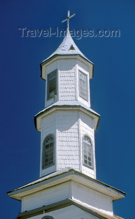 chile204: Dalcahue, Chiloé island, Los Lagos Region, Chile: quaint neoclassical 19th century church - tower detail  - Unesco World Heritage - photo by C.Lovell - (c) Travel-Images.com - Stock Photography agency - Image Bank