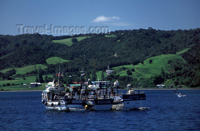 chile205: Dalcahue, Chiloé island, Los Lagos Region, Chile: fishing boats and a view of Quinchao Island - a great part of the local food comes from the sea - photo by C.Lovell - (c) Travel-Images.com - Stock Photography agency - Image Bank