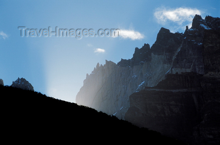 chile41: Torres del Paine National Park, Magallanes region, Chile: magic sunlight backlights the Towers of Paine- Chilean Patagonia - photo by C.Lovell - (c) Travel-Images.com - Stock Photography agency - Image Bank