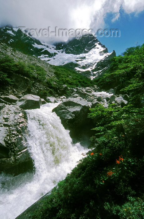 chile59: Torres del Paine National Park, Magallanes region, Chile: Andes peak Paine Grande and waterfall in the French River in the French Valley- photo by C.Lovell - (c) Travel-Images.com - Stock Photography agency - Image Bank