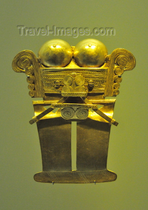 colombia175: Bogotá, Colombia: Gold Museum - Museo del Oro - gold ornament for the Pacific coast - Chocó pendant with schematic human figure with ritual paraphernalia - photo by M.Torres - (c) Travel-Images.com - Stock Photography agency - Image Bank