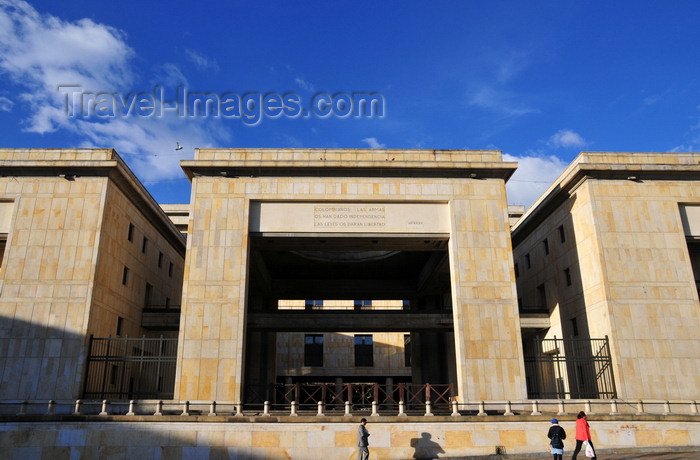 colombia76: Bogotá, Colombia: Plaza de Bolivar, north side, Calle 12 - Palace of Justice - words of Francisco Santander, 'weapons gave us independence, laws will give us freedom' - Palacio de Justicia - La Candelaria - photo by M.Torres - (c) Travel-Images.com - Stock Photography agency - Image Bank