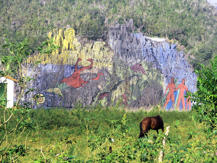 cuba116: Cuba - Viñales valley / Valle de Viñales - Pinar del Rio Province - UNESCO World Heritage Site: pre-historical mural - Guanahatabeyes indians - Valle de Dos Hermanas - Mural de la Prehistoria - mogote llamado Pita - photo by L.Gewalli - (c) Travel-Images.com - Stock Photography agency - Image Bank