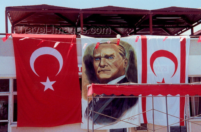 cyprusn2: Cyprus - Nicosia: under the eyes of Mustapha Kemal (Ataturk) - Turkish and TRNC flags (photo by Miguel Torres) - (c) Travel-Images.com - Stock Photography agency - Image Bank