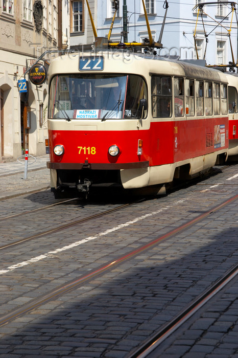 czech431: red tram. Prague, Czech Republic - photo by H.Olarte - (c) Travel-Images.com - Stock Photography agency - Image Bank