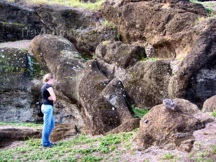 easter15: Easter Island / Rapa Nui: tourist examines stillborn moai - photo by Rod Eime - (c) Travel-Images.com - Stock Photography agency - Image Bank