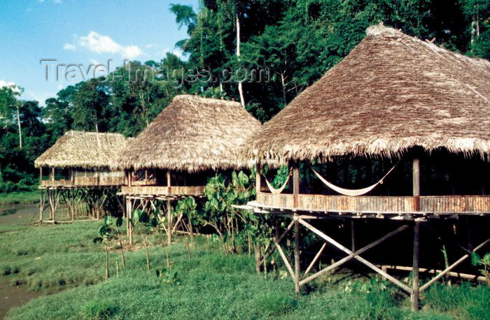 ecuador17: Ecuadorian Amazonia: cabans on stilts and with hammocks - Kapawi camp (photo by Rod Eime) - (c) Travel-Images.com - Stock Photography agency - Image Bank