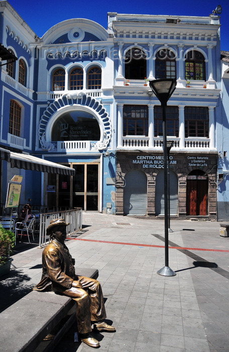 ecuador71: Quito, Ecuador: Teatro de Variedades Ernesto Albán and bench with a statue of this actor playing Don Evaristo Corral y Chancleta - art deco architecture by Giacomo Badiconzinni - eastern corner of the Plaza del Teatro / Plaza Chica - Teatro Sucre - photo by M.Torres - (c) Travel-Images.com - Stock Photography agency - Image Bank