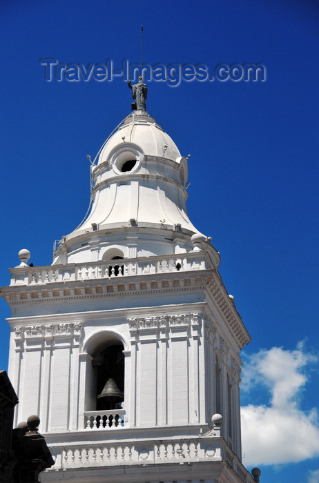 ecuador92: Quito, Ecuador: Iglesia de San Agustín - Church of St. Augustine - bell tower with the statue of San Agustín - photo by M.Torres - (c) Travel-Images.com - Stock Photography agency - Image Bank