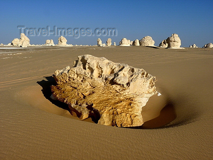 egypt255: White Desert National Park / Sahara el Beyda, New Valley Governorate, Egypt: contrast between the white chalk formations and the orange-yellow sand - part of the el-Farafra depression, Libyan desert - photo by J.Kaman - (c) Travel-Images.com - Stock Photography agency - Image Bank