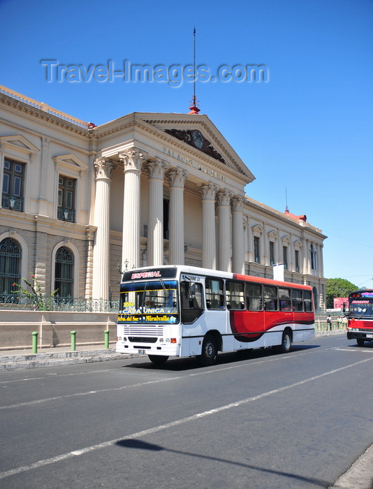 el-salvador41: San Salvador, El Salvador, Central America: National Palace and passing bus - Plaza Barrios - photo by M.Torres - (c) Travel-Images.com - Stock Photography agency - Image Bank