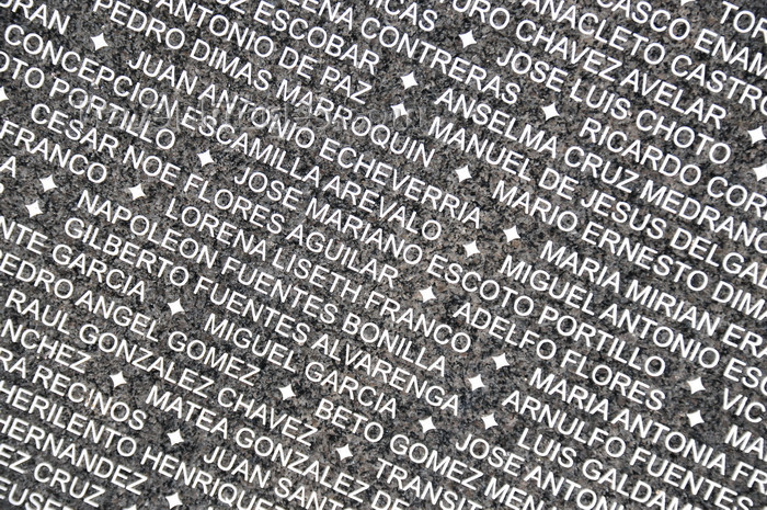 el-salvador7: San Salvador, El Salvador, Central America: Parque Cuscatlán - Monumento a la memoria y la verdad - names of victims on the granite wall - photo by M.Torres - (c) Travel-Images.com - Stock Photography agency - Image Bank