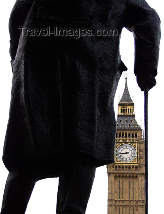 england134: UK - London: Big Ben and statue of Churchill - cane - photo by K.White - (c) Travel-Images.com - Stock Photography agency - Image Bank