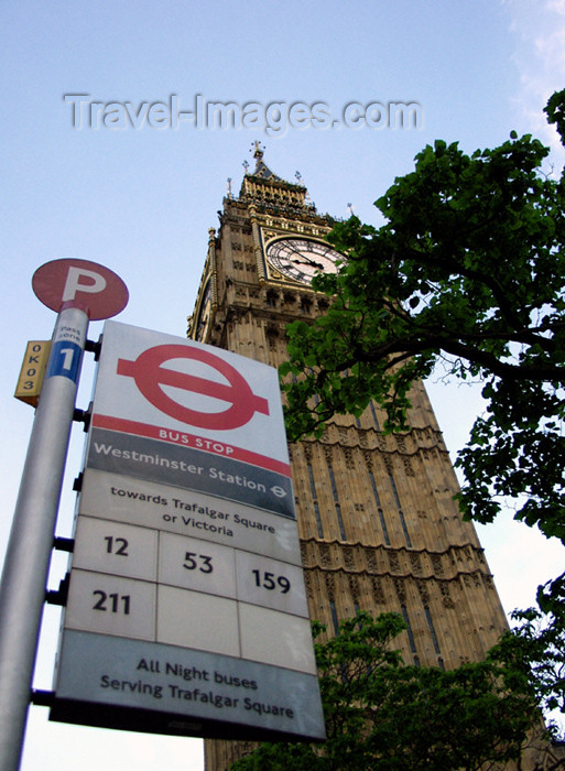 england141: London: Big Ben and bus stop - photo by K.White - (c) Travel-Images.com - Stock Photography agency - Image Bank