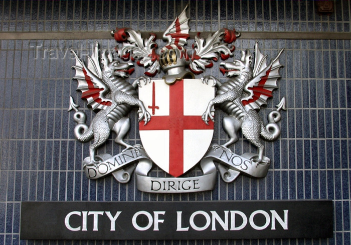 england161: London: City of London crest - coat of arms -  - motto Domine dirige nos - photo by K.White - (c) Travel-Images.com - Stock Photography agency - Image Bank