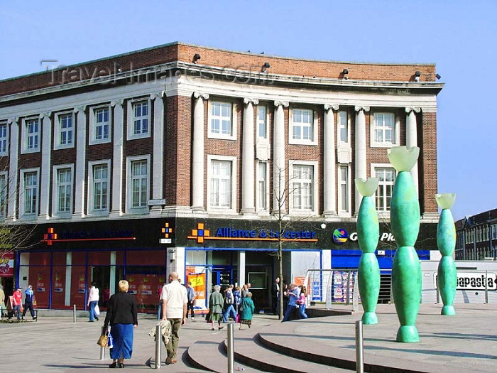 england301: Warrington, Cheshire, England, UK: town centre - Horsemarket Street - stone pillars and Alliance & Leicester - photo by D.Jackson - (c) Travel-Images.com - Stock Photography agency - Image Bank