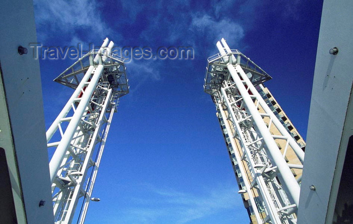 england520: Salford Quays, Salford, England: Lifting Towers - The Lowry Lifting Footbridge - photo by D.Jackson - (c) Travel-Images.com - Stock Photography agency - Image Bank