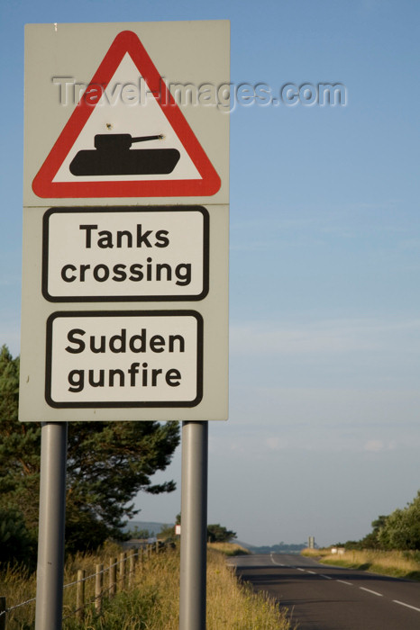 england577: Lulworth to Wareham road, Dorset, England: warning sign for tanks crossing and sudden gunfire - photo by I.Middleton - (c) Travel-Images.com - Stock Photography agency - Image Bank