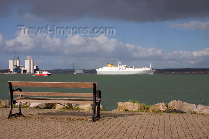 england678: Hythe, New Forest, Hampshire, South East England, UK: promenade by the Southampton Water - bench and a UECC / United European Car Carriers ferry - photo by I.Middleton - (c) Travel-Images.com - Stock Photography agency - Image Bank