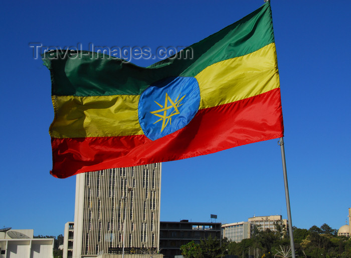 ethiopia109: Addis Ababa, Ethiopia: Ethiopian flag and Bank of Abyssinia - Meskal square - photo by M.Torres - (c) Travel-Images.com - Stock Photography agency - Image Bank